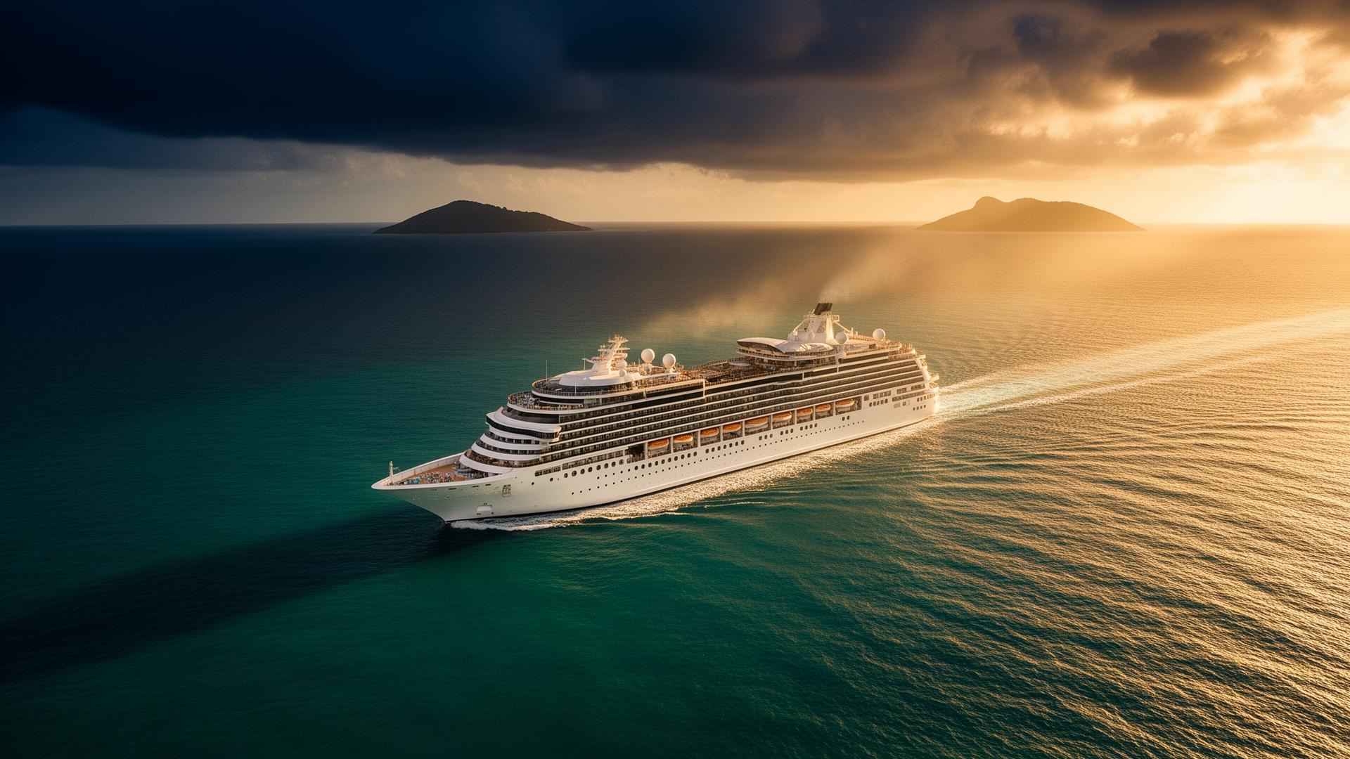 Luxury cruise ship sailing across teal waters at golden hour